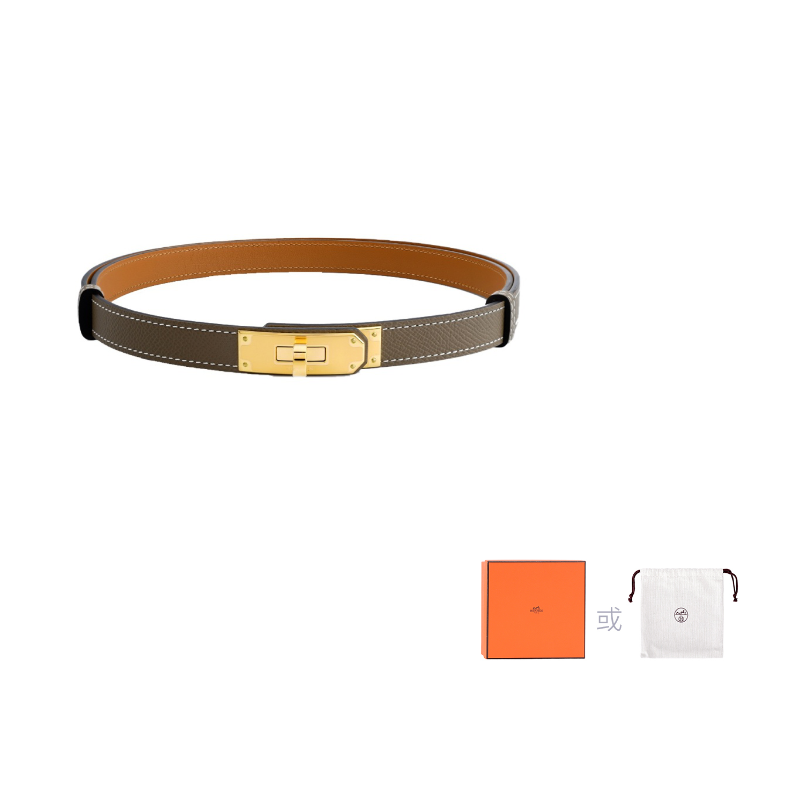 HERMES Cow Leather Leather Belts Unisex Elephant Gray/Gold Brown 1.8cm