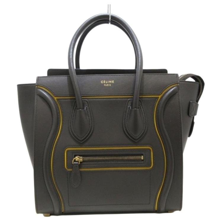 CELINE Smooth Calf Leather Shoulder Bag Crossbody Bag Handbag Micro Women's Dark Brown With Yellow Accents