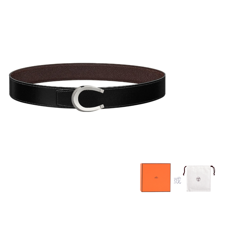 HERMES Togo Calfskin Double-Sided Leather Belt Leather Belts Men's Black/Chocolate Width: 3.8cm