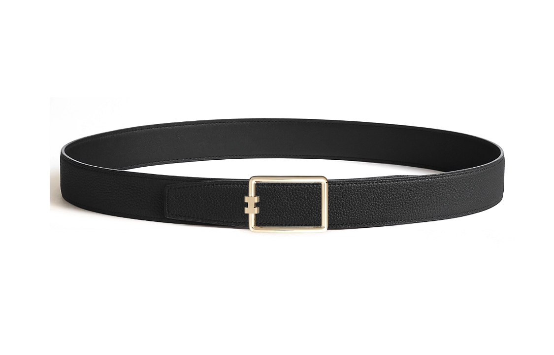 HERMES Brass Calfskin Leather Belts Men's Black Width: 3.2CM