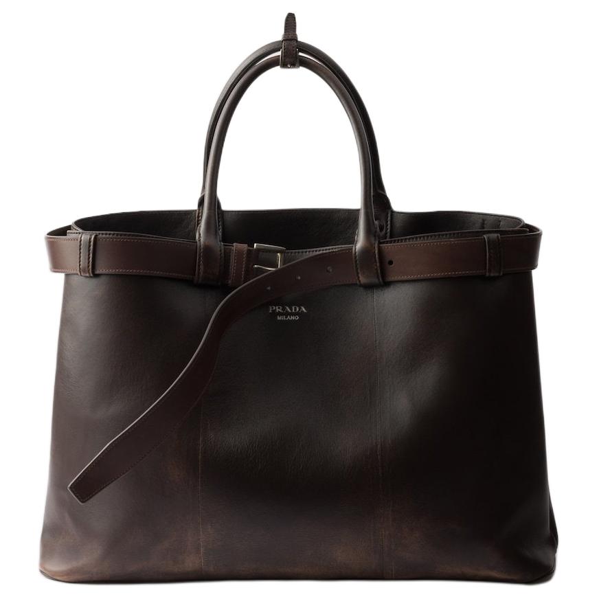 PRADA Lambskin Tote Bag, Shopping Bag, Shoulder Bag, Crossbody Bag, Handbag Women's Dark Brown