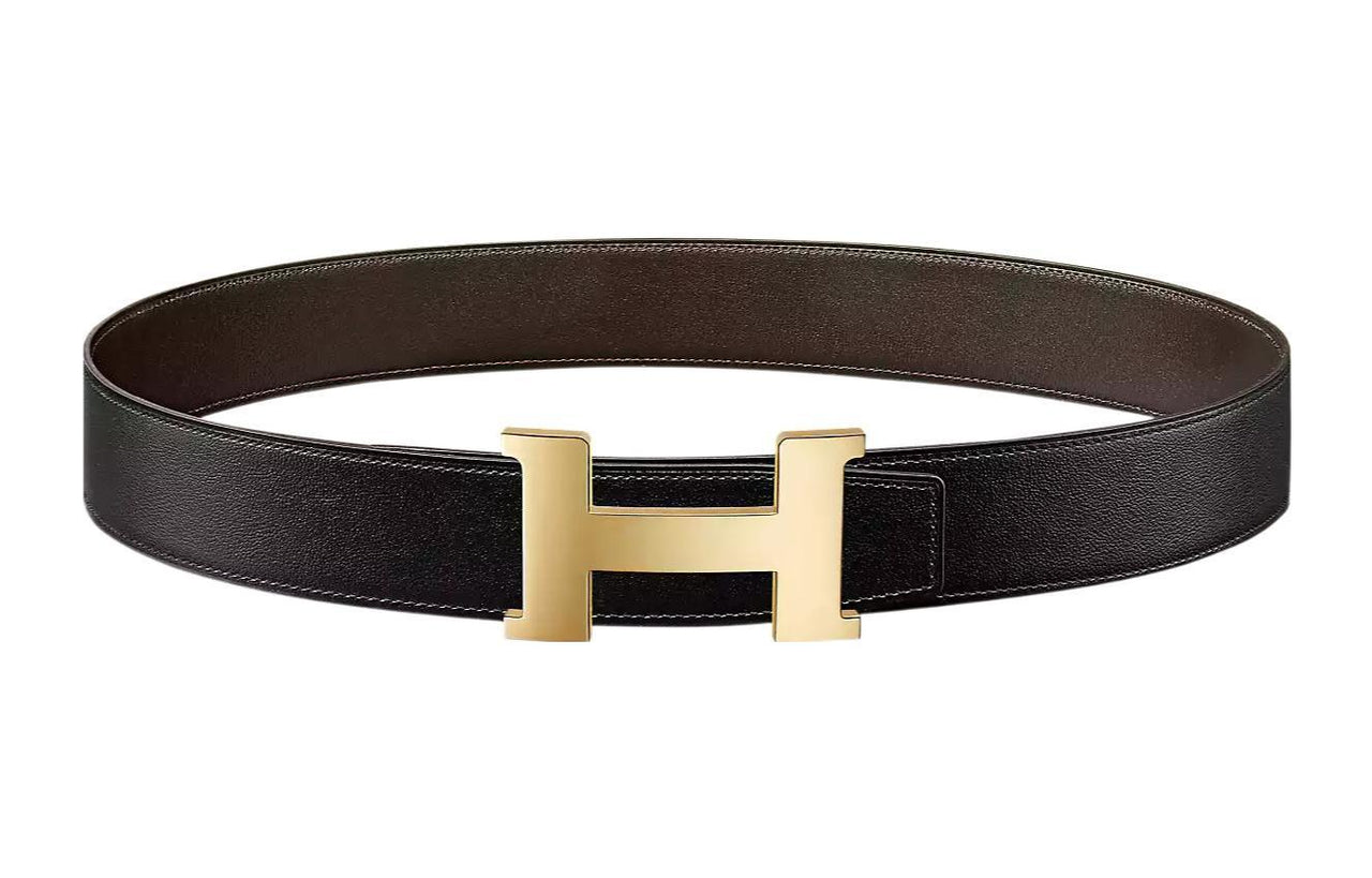 HERMES Constance Light Gold Buckle Box 135 Calfskin Double-Sided Leather Belt Men's Black/Ebony Width: 3.8cm