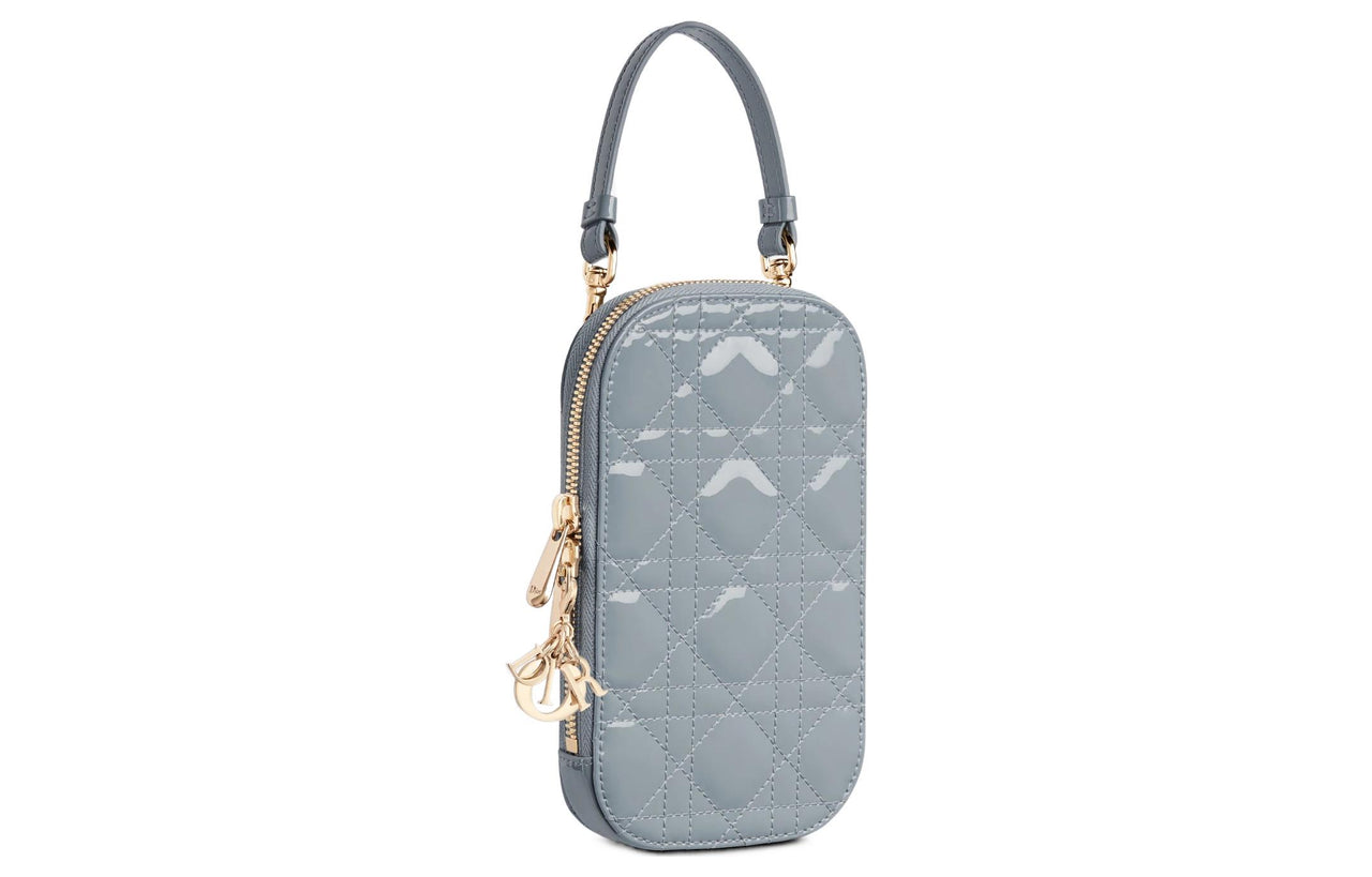 DIOR Lacquered Finish Calfskin Handheld Handbag, Shoulder Bag, Crossbody Bag, Cell Phone Pouch Women's Haze Blue