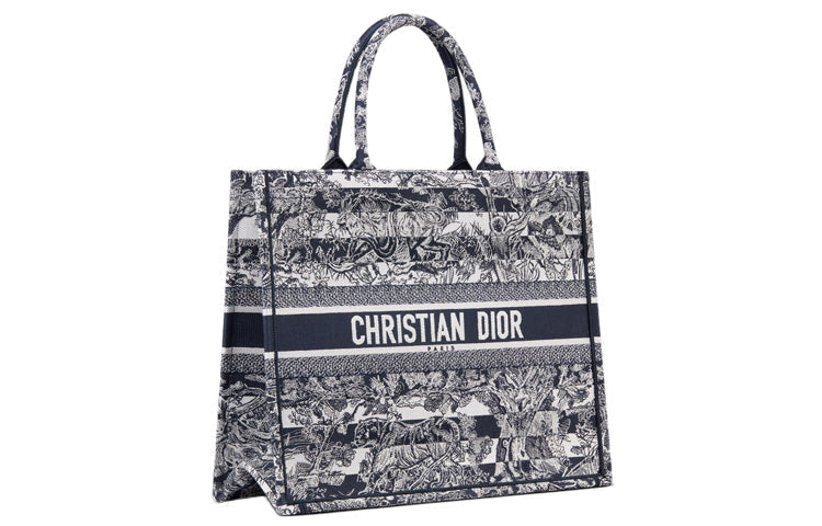 DIOR BookTote Stripes Jungle Large Capacity Tote Bag Shopping Bag Handbag Large Size Women's Blue