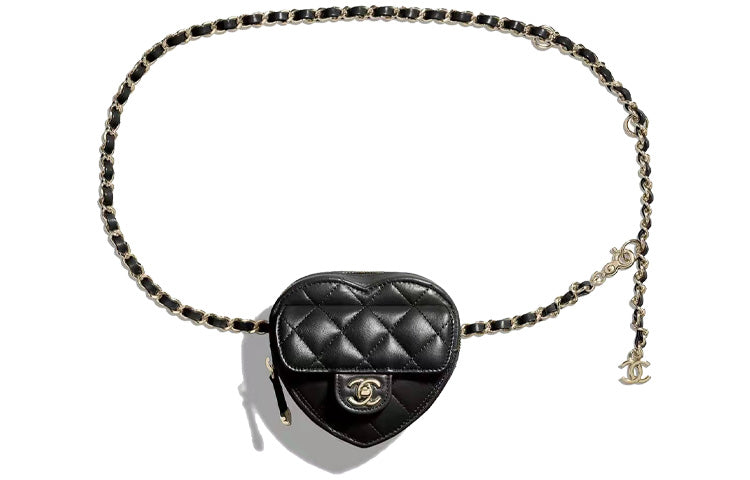 CHANEL Sheepskin Heart Bag One Shoulder Crossbody Fanny Pack Mini Women's Black