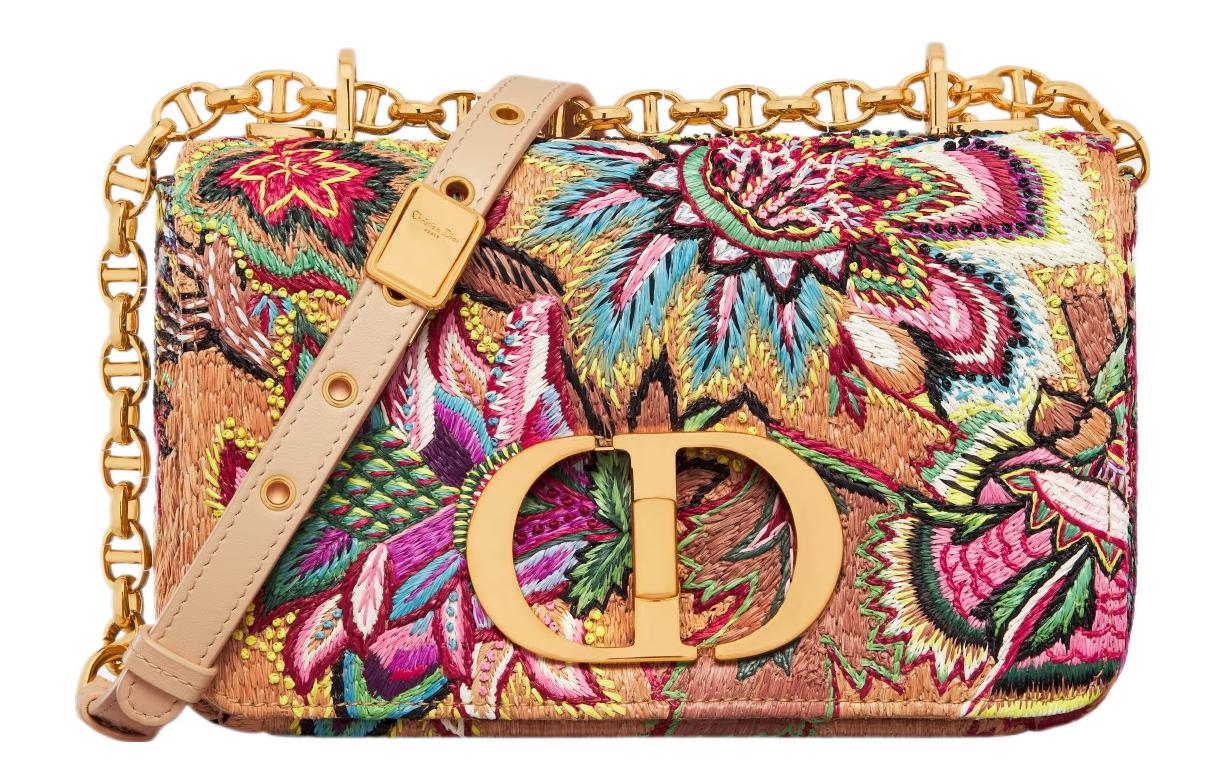 DIOR Caro Embroidered Raffia Crossbody Bag Shoulder Bag Women's Brown & Multicolor