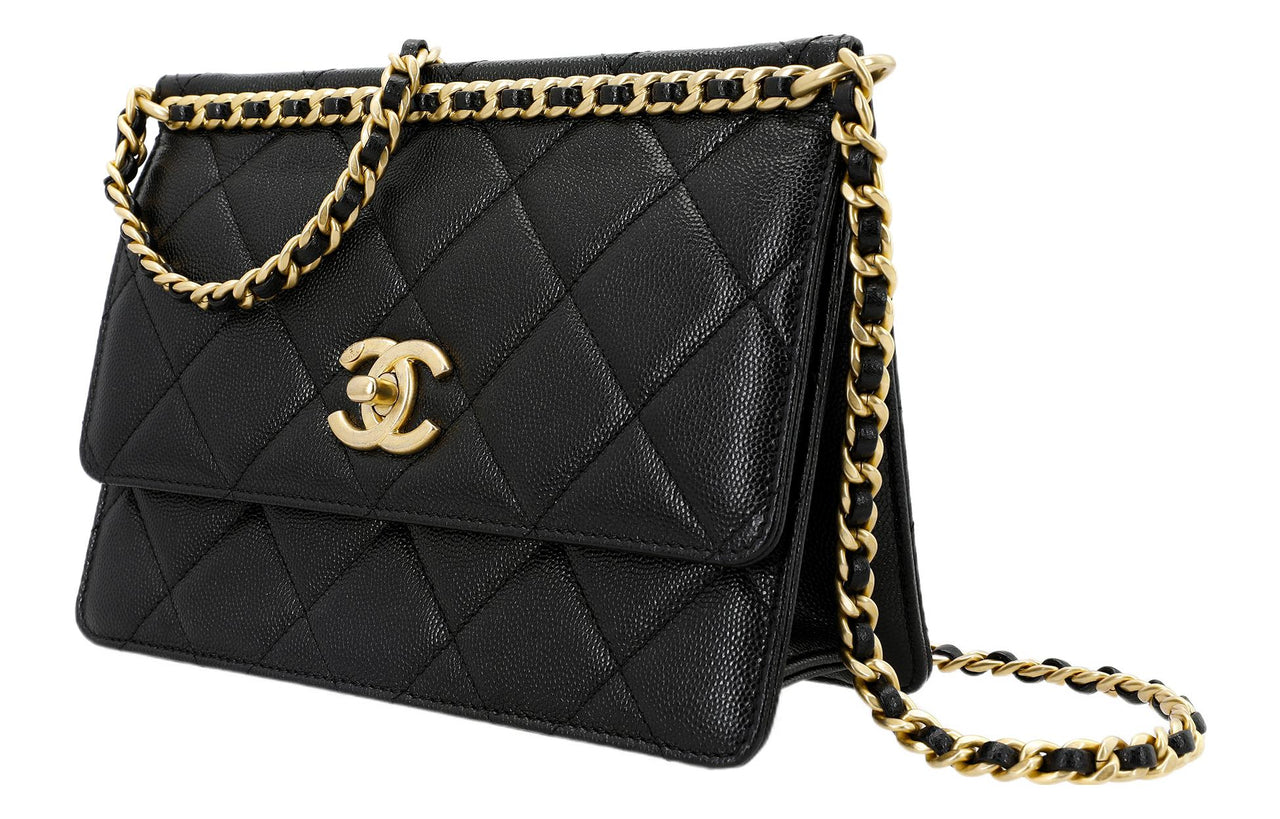 CHANEL Embossed Calfskin With Grains Mouth Cover Bag Crossbody Bag Small Size Women's Black