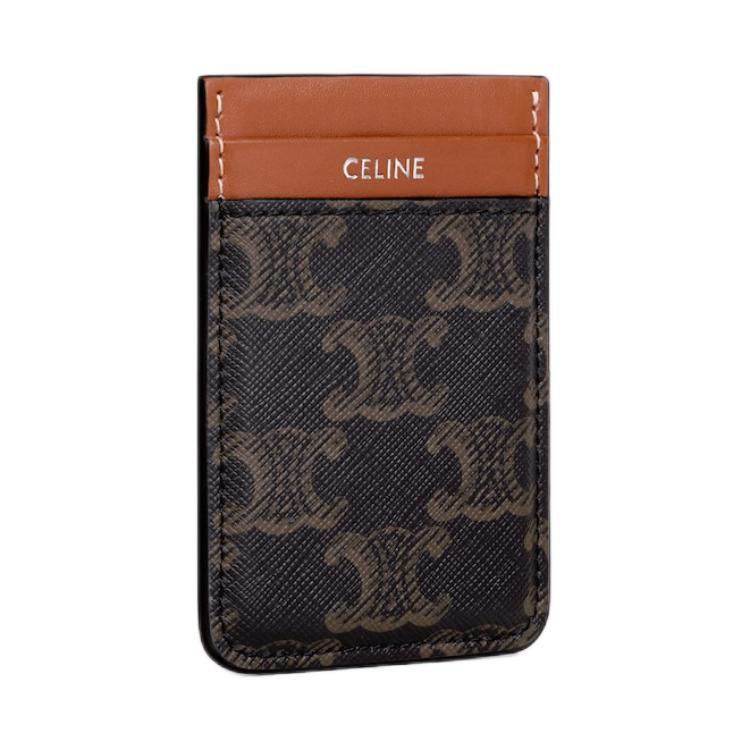CELINE Triomphe Canvas paneled Calfskin Trim Card Holder Men's Tan