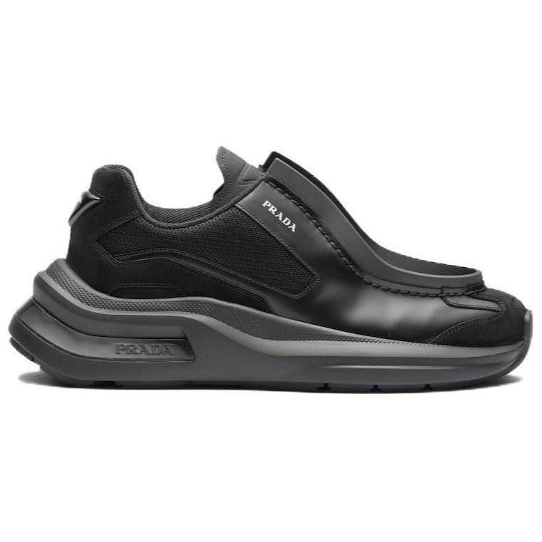 PRADA Brushed Leather Sneakers Bike Fabric Suede Black