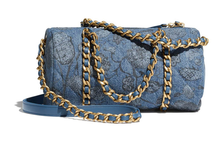 CHANEL Printed Denim Bowling Bag Handbag Shoulder Bag Crossbody Bag Women's Blue/White/Gray