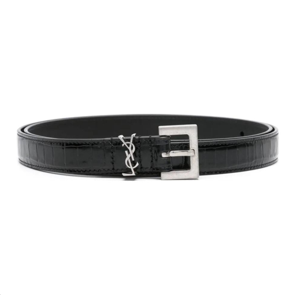 SAINT LAURENT Cassandre Crocodile-embossed Belt
