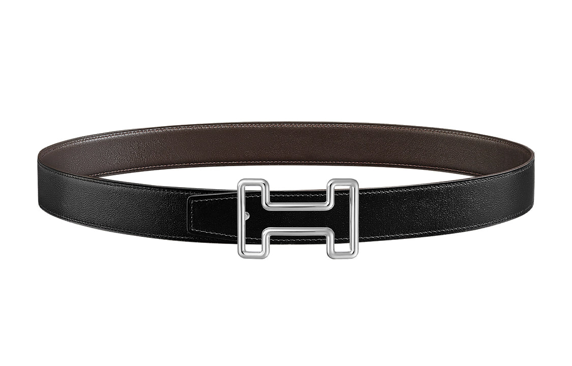 HERMES Tonight Buckle Double-Sided Calfskin Leather Belts Men's Black/Umber Width: 3.2CM