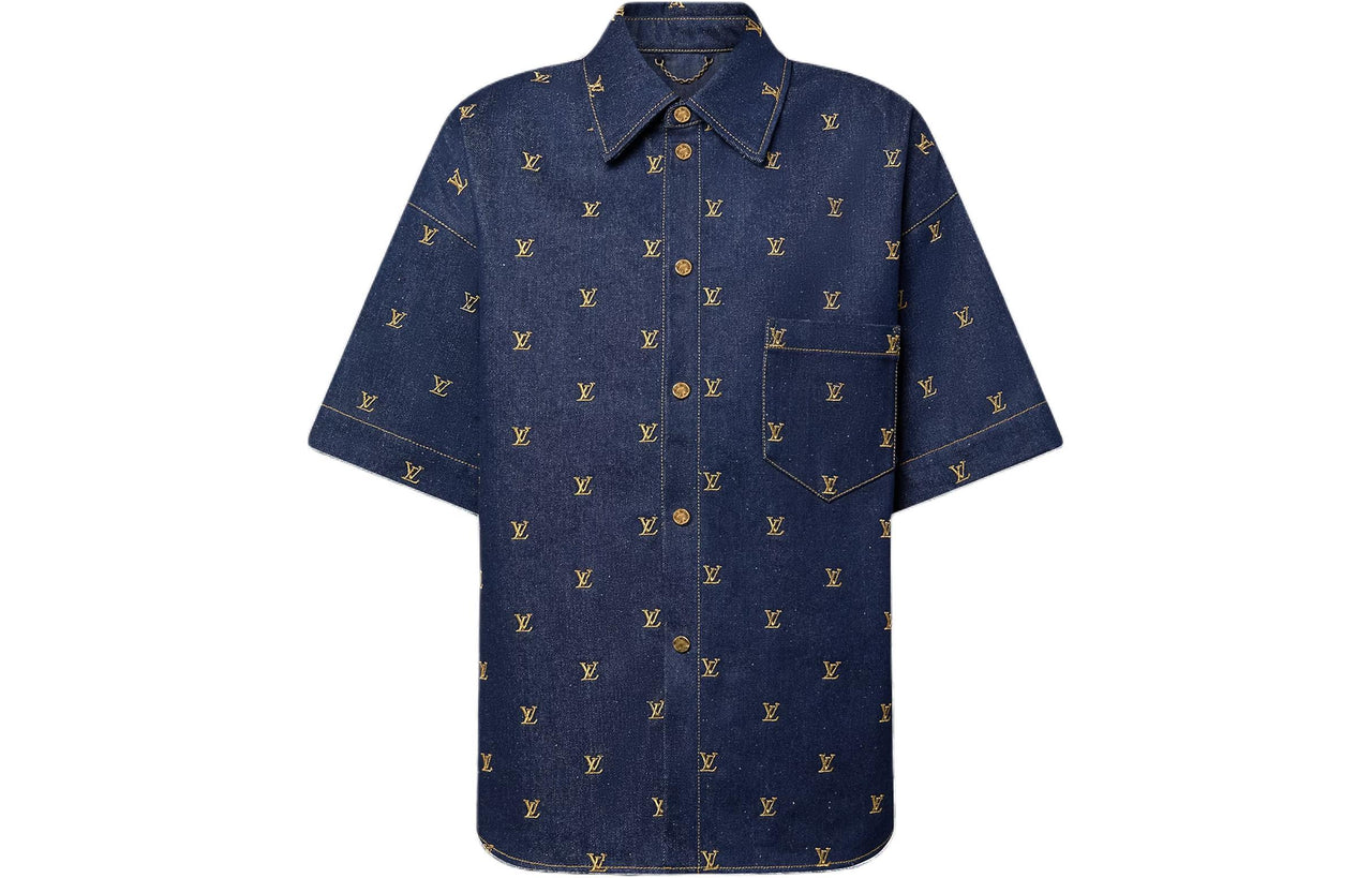 LOUIS VUITTON Embroidered Signature Short-Sleeved Denim Shirt