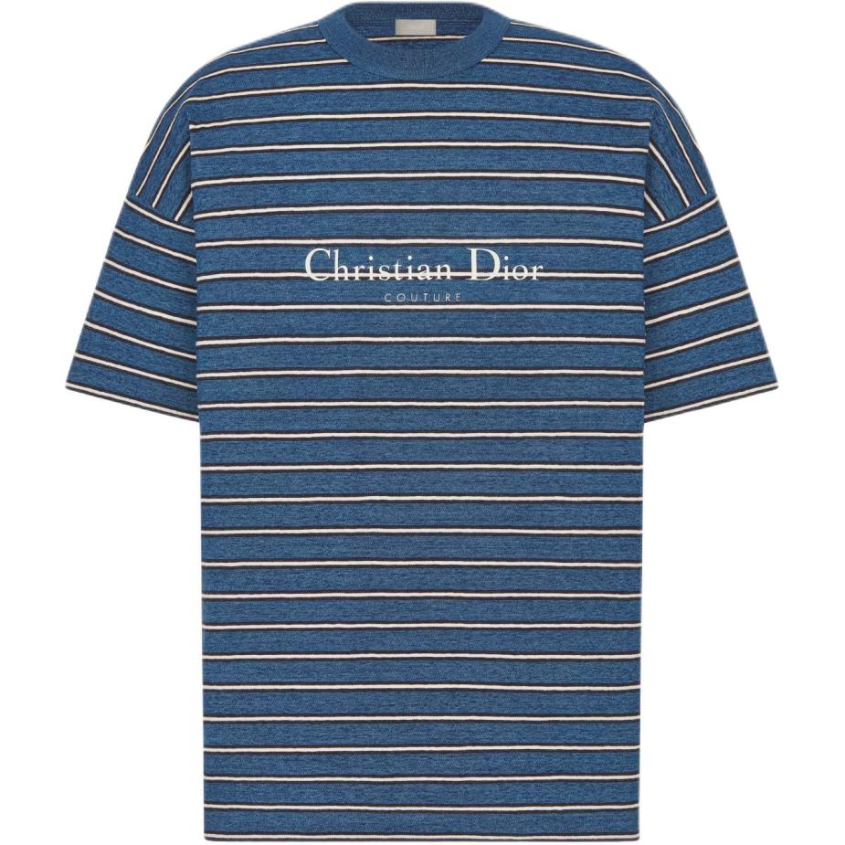 DIOR Stripes Logo Print Crew Neck Loose Fit Short Sleeved T Shirt T Shirt Men's Blue