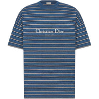 DIOR Stripes Logo Print Crew Neck Loose Fit Short Sleeved T Shirt T Shirt Men's Blue
