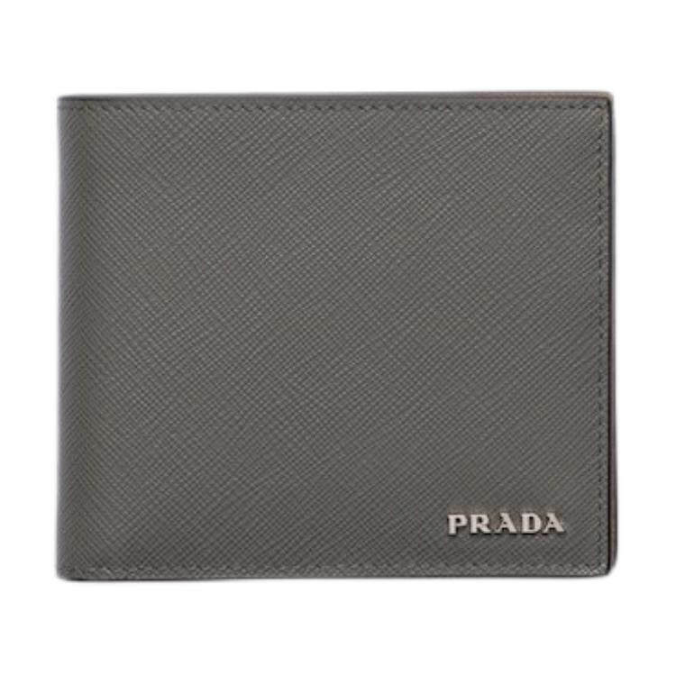 PRADA Saffiano Cow Leather Wallet Men's Light Gray With Caramel Accents