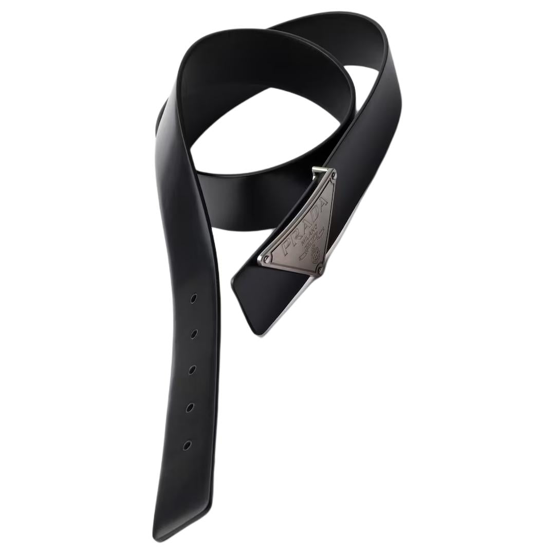 PRADA Calfskin Leather Belts Unisex Black Width 3.5CM