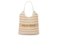 MIU MIU Maritime Linen With Calfskin Tote Bag Shopping Bag Shoulder Bag Handbag Women's White & Brown