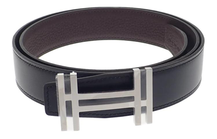 HERMES Solid Color Design Smooth Buckle Leather Belts Men's Width: 3.2CM