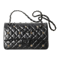 CHANEL Classic Flap CF Shiny Textured Calfskin With Crystal Crossbody Bag Regular Women's Black