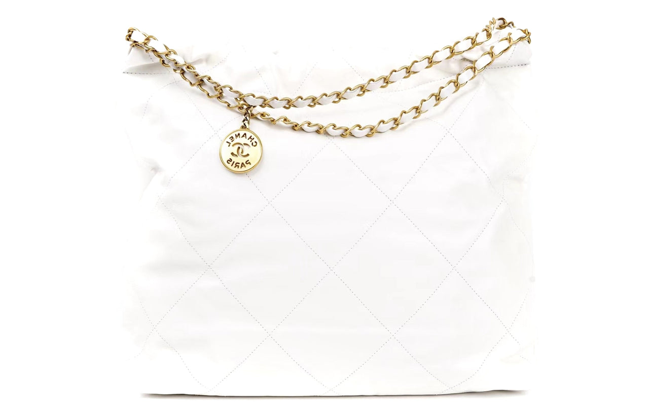CHANEL Smooth Finish Calfskin Handbag Tote Bag Shopping Bag Crossbody Bag Medium Size Women's White