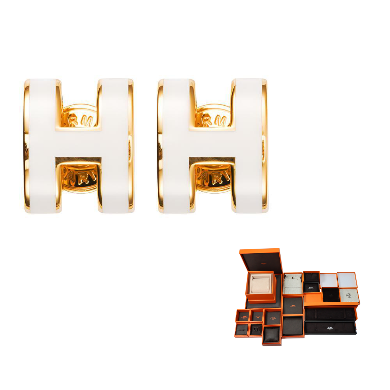 HERMES Gold Plated Stud Earrings Women's White With Gold
