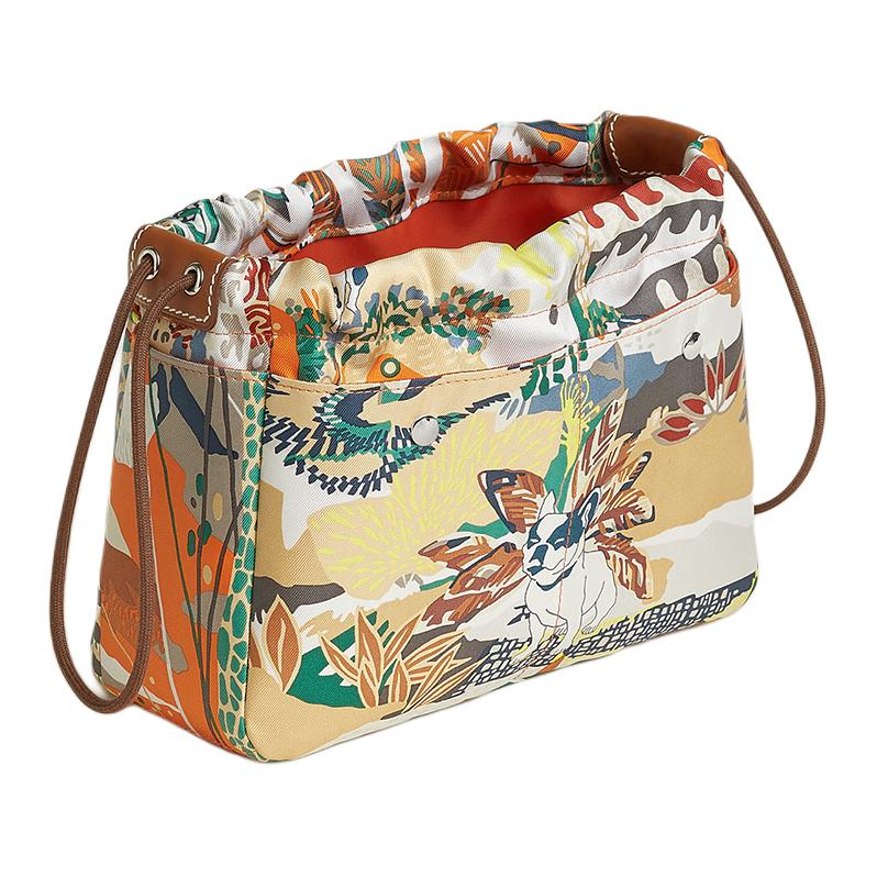 HERMES Fourbi Silk With Barenia Calfskin Clutch Women's Orange & Seagull Gray With Light Tawny