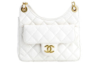 CHANEL HOBO Tmall Genie Bright Wrinkle Waxed Calfskin Hobo Bag Shoulder Crossbody Bag Small Size Women's White