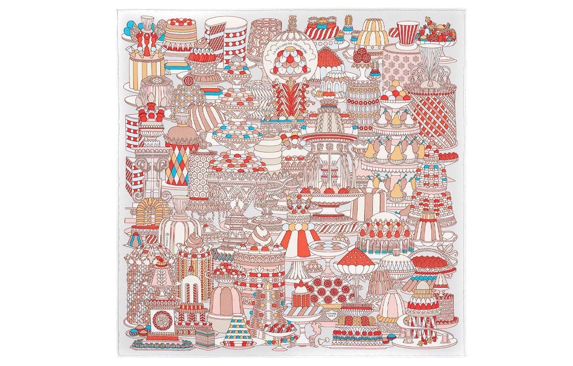 HERMES Silk Scarves Women's Pearl Gray/Garnet Red