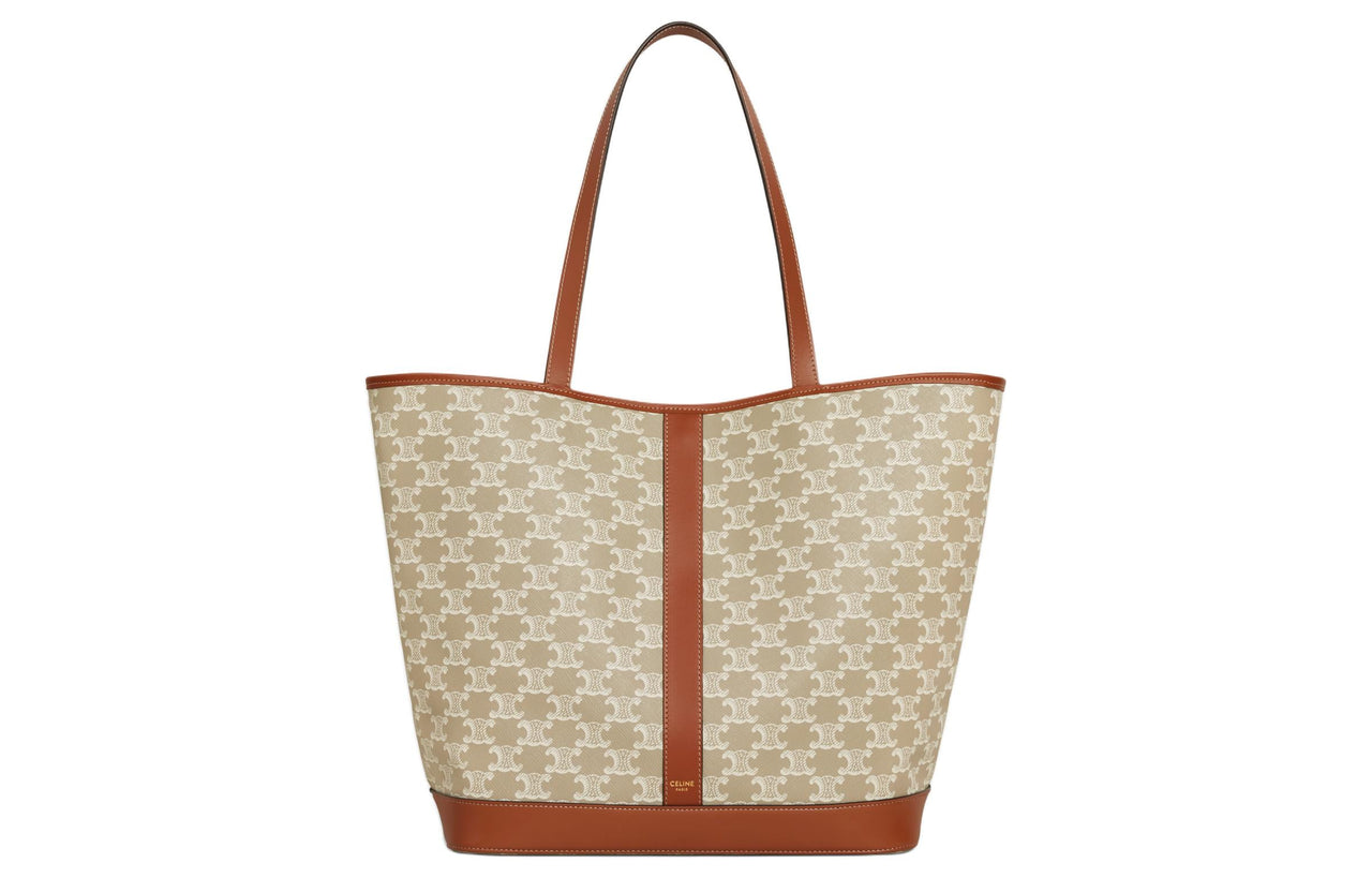 CELINE Cabas Cow Leather Binding One Shoulder Handbags Medium Size Women's Greige