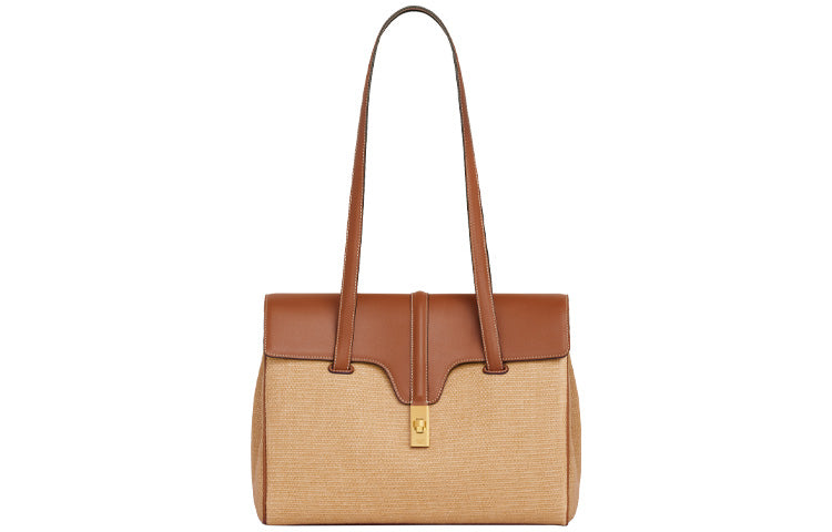 CELINE 16 Textile Cow Leather Handbag Shoulder Bag Tote Medium Size Women's Beige/Tan