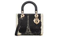 DIOR Rhinestone Embroidered Paris Print Calfskin Shoulder Bag Crossbody Bag Handbag Medium Size Women's Black & Beige
