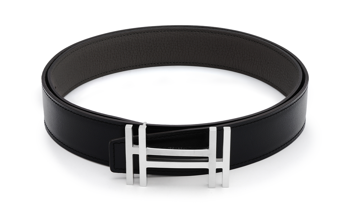 HERMES Cow Leather Leather Belts Unisex Black/Tin Gray Width: 3.2cm