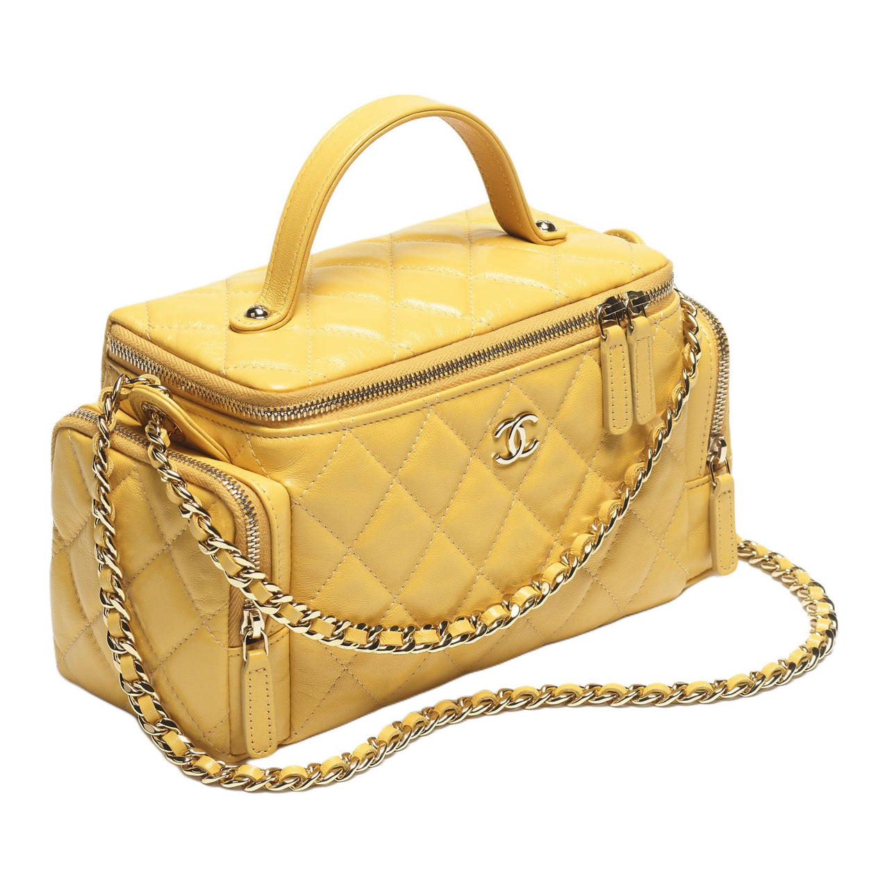 CHANEL Wrinkle Lambskin Handbag Makeup Bag Women's Yellow