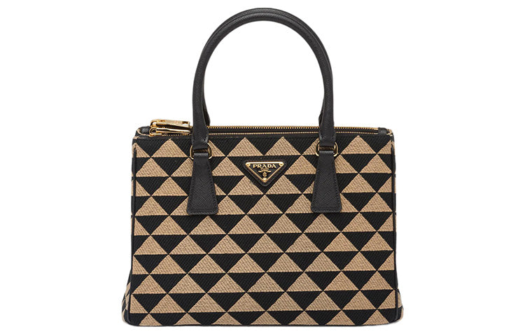 PRADA Galleria Killer Bag Embroidered Fabric Tote Bag Shopping Bag Small Size Women's Black/Beige Yellow