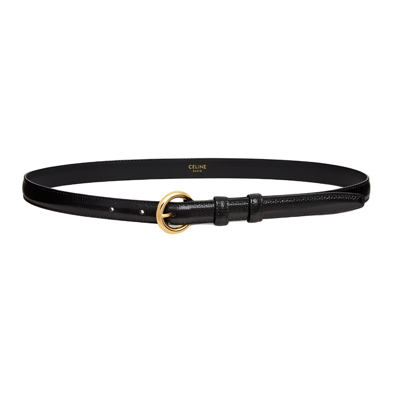 CELINE Gold Pin Buckle Design Calfskin Leather Belts Women's Black Width 1.8CM