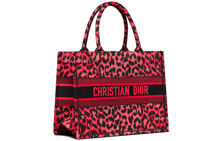 DIOR BookTote Embroidered Leopard Print Tote One Shoulder Handbag Small Size Women's Overripe Plum Color