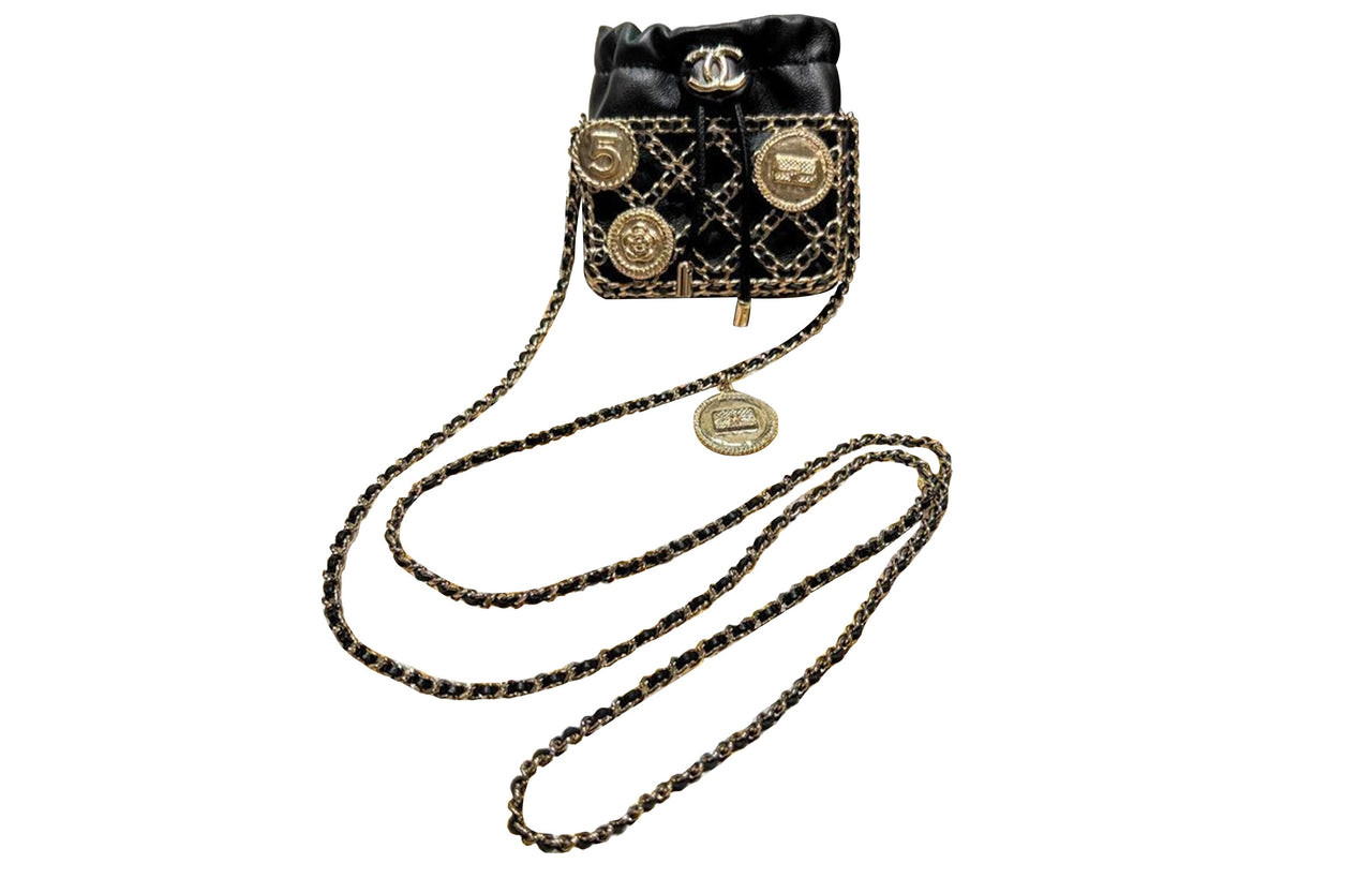 CHANEL Leather Gold Coin Purse Crossbody Bag Women's Black