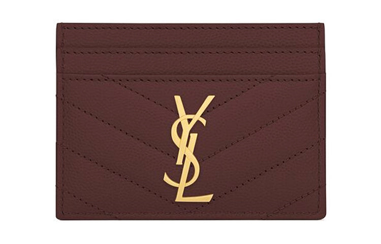 SAINT LAURENT Monogram Quilting Leather Card Clip Card Holder Women's Dark Red
