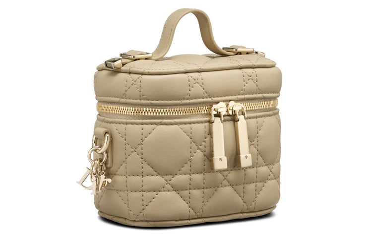 DIOR Lady Dior Wicker Pattern Lambskin Box Bag Portable One Shoulder Crossbody Makeup Bag Mini Women's Beige