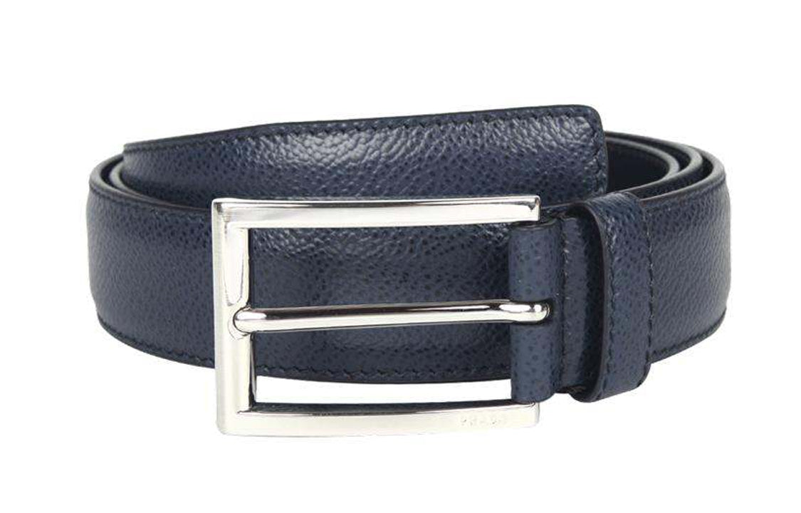 PRADA Cross Textured Pin Buckle Cow Leather Leather Belts Men's Blue