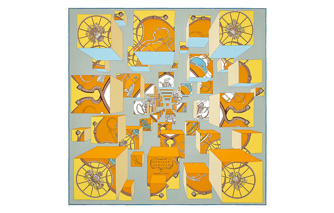 HERMES Silk Scarf Women's Gray/Orange/Bright Yellow