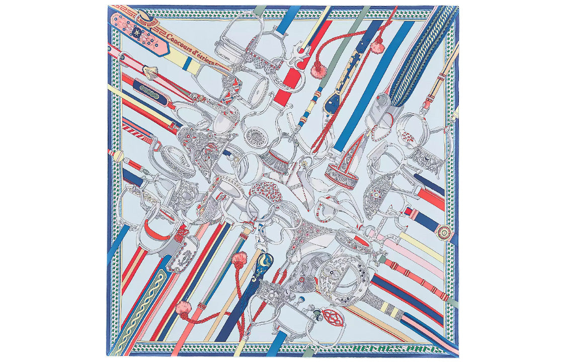 HERMES Silk Scarves Women's Sky Blue/Coral Red/Multicolor