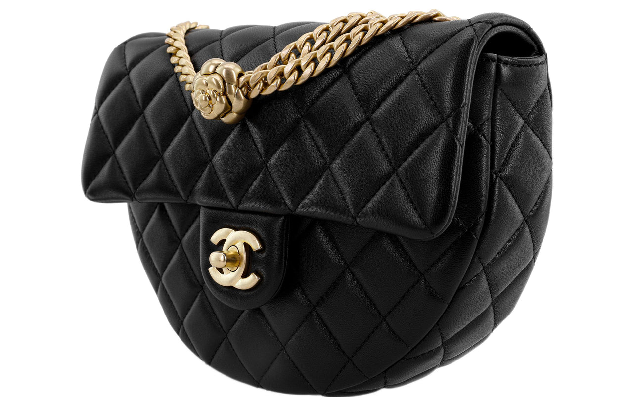CHANEL Lambskin Half Moon Messenger Bag Saddle Bag Chain Shoulder Bag Crossbody Bag Small Size Women's Black