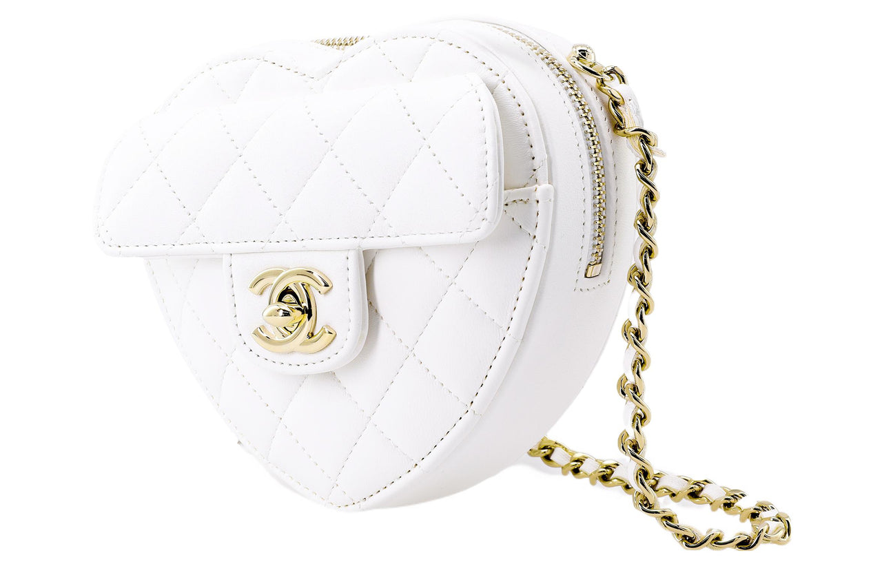 CHANEL Sheepskin Patchwork With Metal Heart-Shaped Shoulder Bag Crossbody Bag Small Size Women's White