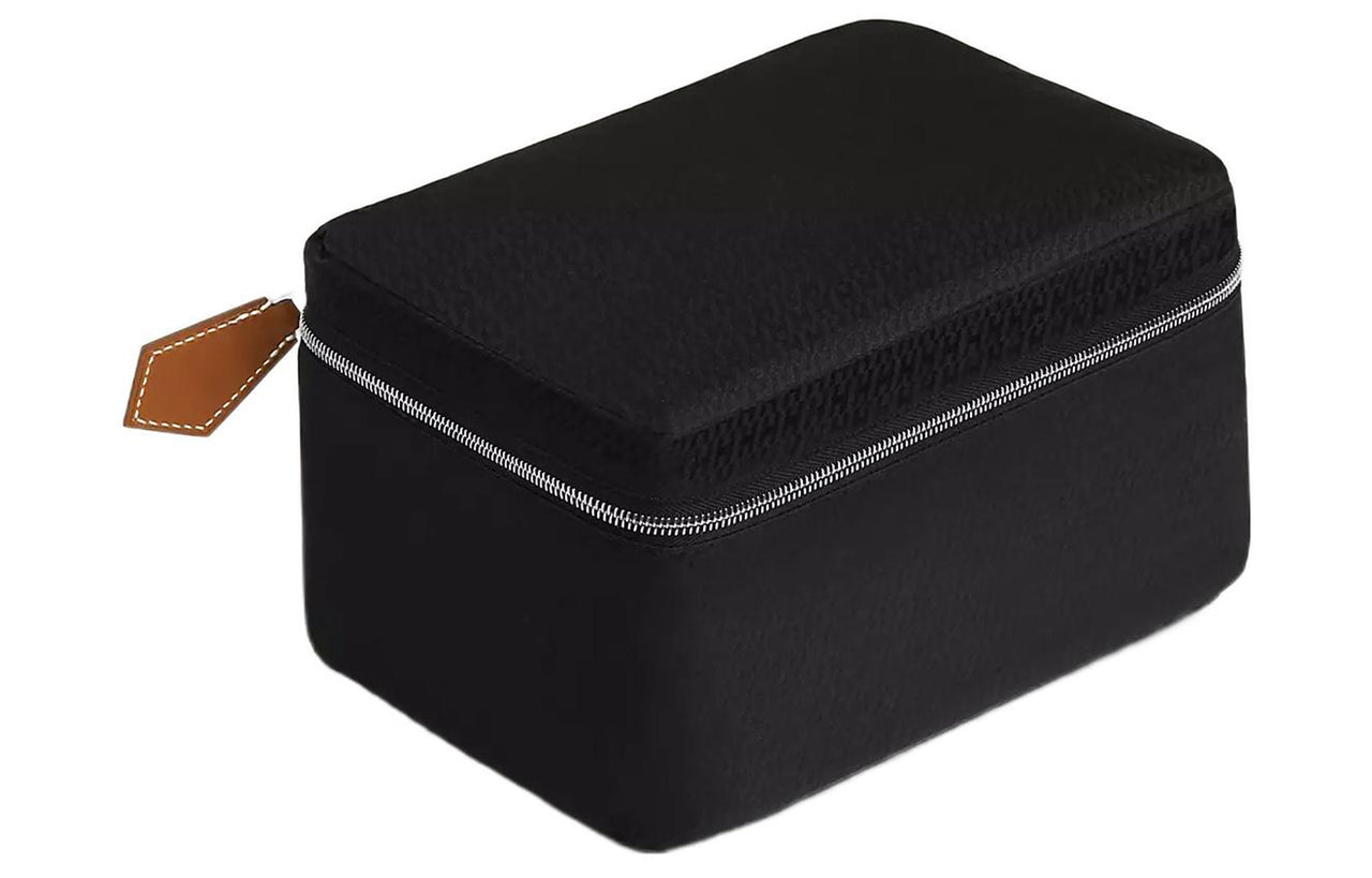 HERMES Travelsilk Silk With Barenia Calfskin Travel Storage Bag Mini Men's Black & Light Tawny