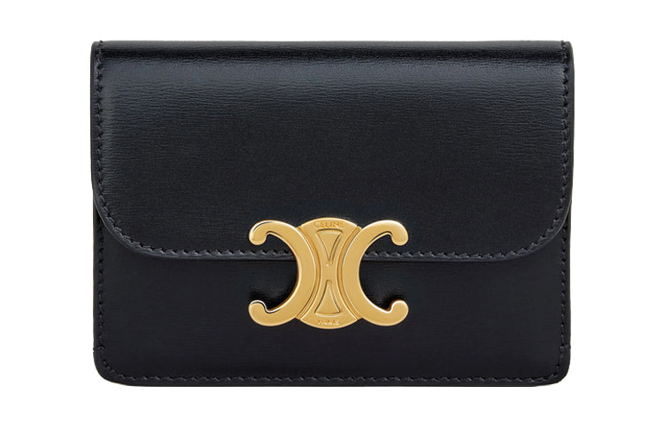 CELINE Triumphal Arch Cow Leather Coin Purses Card Holders Women's Black