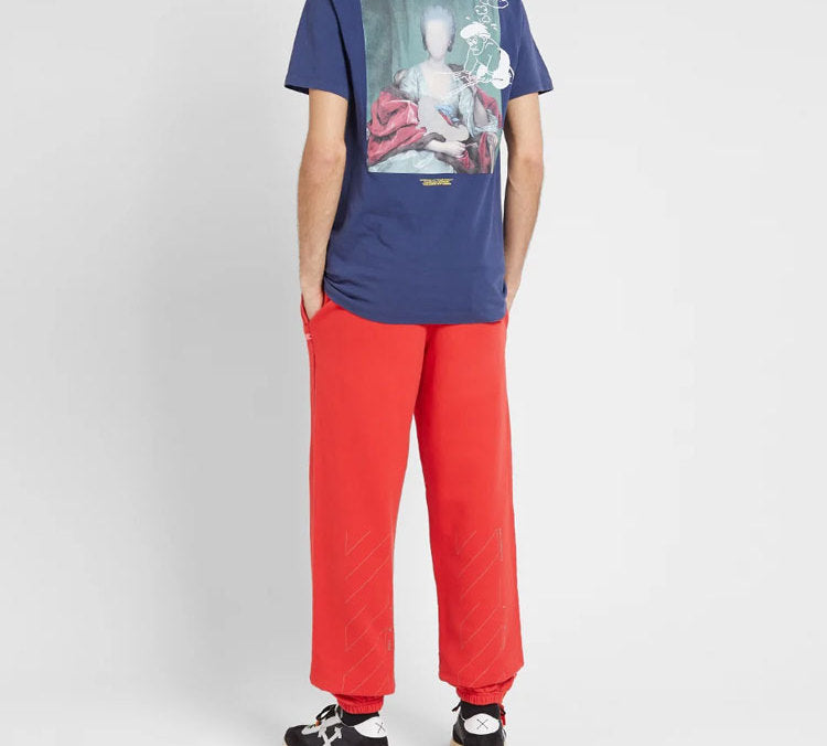 Men's Off-White Printing Logo Red Sports Pants/Trousers/Joggers OMCH020E19E300032091