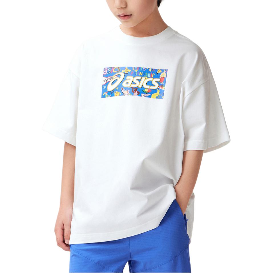 (GS) ASICS Logo Print T-shirt 'White Blue' 332241173077-10