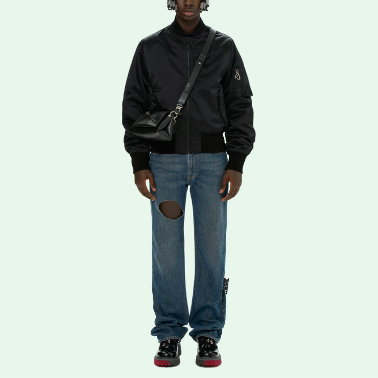 Off-White SS21 Logo Pattern Zipper aviator Jacket Loose Fit Black OMEH032S21FAB0011010